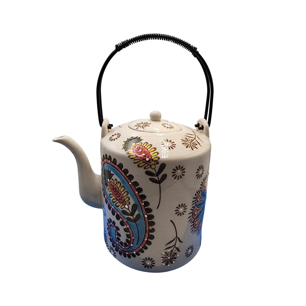 Harvest Spice Paisley Floral Ceramic Teapot with Black Metal Handle Cream Multi